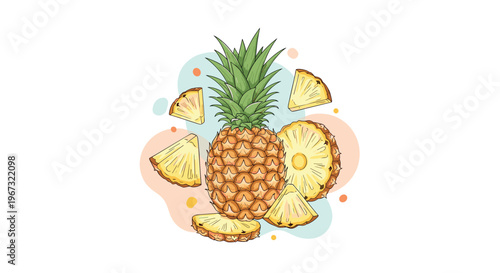 Fresh whole pineapple fruit and sliced pieces arranged artistically with colorful abstract shapes on a white background.