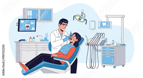 Professional male dentist examining female patient teeth in a modern dental clinic office equipped with medical tools.