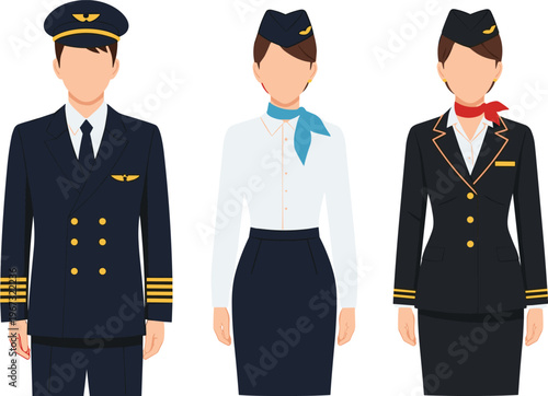 Airline pilot and flight attendants crew collection in professional uniform standing pose cad drawing flat vector illustration design graphic elements.