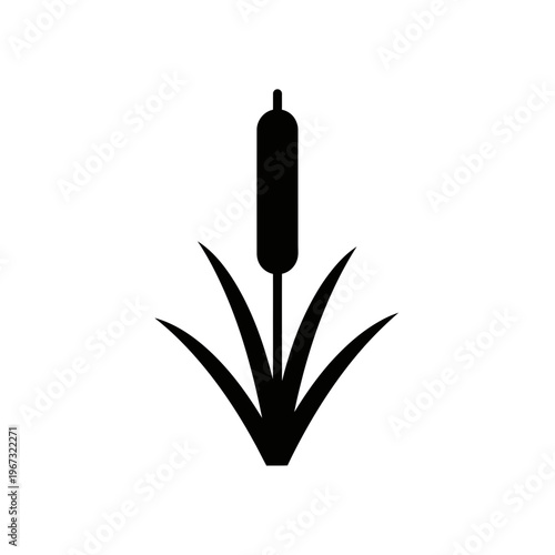 Silhouette of a cattail plant with long slender leaves and a dark cylindrical flower head.