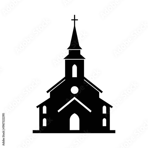 Silhouette of a church building with a cross on top black and white.