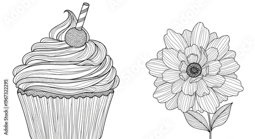 Intricate black and white line art illustration of a delicious cupcake with a straw next to a large detailed blooming flower.
