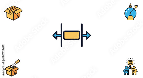 Logistics and team collaboration concept icons showing shipping boxes, technical gauges, and people sharing a creative lightbulb idea.