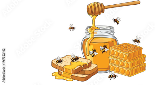 Natural honey products collection featuring a glass jar with honey dipper honeycomb slices of bread and busy bees.