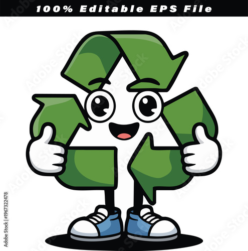 Recycling symbol character cheerfully encourages environmental responsibility with a thumbs-up gesture, representing sustainable practices and ecological awareness for a greener future.