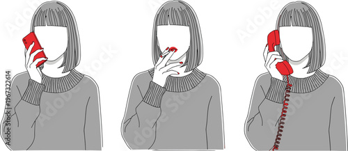 Flat vector illustration showing woman with mobile phone, smoking cigarette, and talking on vintage landline, cad drawing isolated on white.