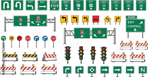 Highway traffic signs show direction and control.