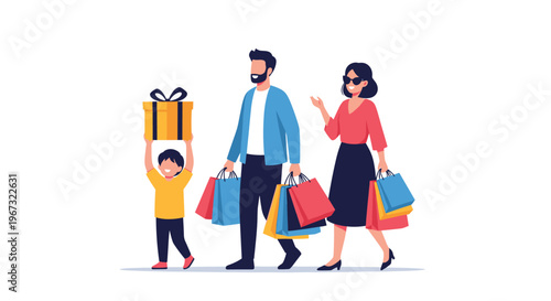 Happy young family walking together carrying many colorful shopping bags and a large gift box after a successful trip.