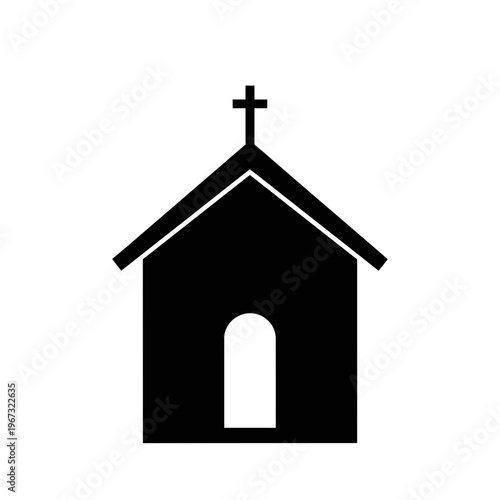 Simple black and white illustration of a church building with a cross on top.