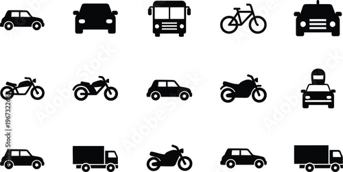 Comprehensive set of flat vehicle icons illustrating diverse transportation modes for digital interfaces and graphic projects