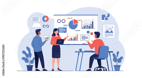 Business team having a productive meeting analyzing financial charts and data projections on a large whiteboard.