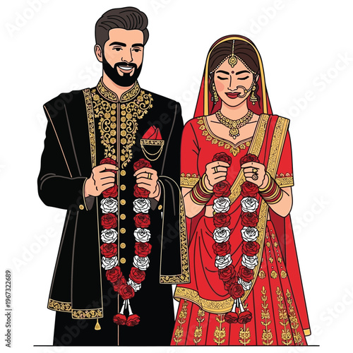 Happy newlywed south asian couple in wedding dress holding floral garlands during traditional marriage ceremony