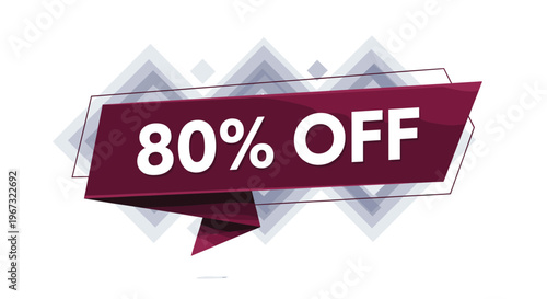 Promotional banner design for an eighty percent discount sale featuring bold white text on a magenta folded ribbon with geometric accents.