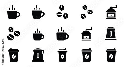 Diverse vector icon collection representing various coffee items, including steaming mugs, fresh beans, grinders, and takeaway cups