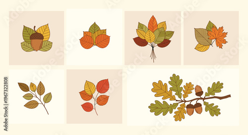 Collection of autumn leaf arrangements and branches with acorns displayed in several separate panels for fall seasonal decoration.