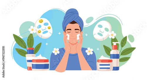 Handsome man with a blue towel on head applying facial cream while various skincare products and face masks are displayed.