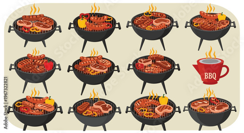 Multiple variations of round charcoal barbecue grills filled with cooking sausages, steaks, peppers, and various grilled meats.