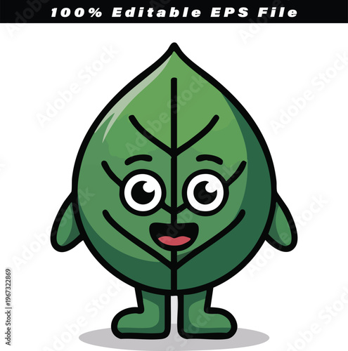 Green leaf character with an endearing smile and wide open eyes embodies nature's vitality, standing cheerfully to represent environmental consciousness and ecological awareness.