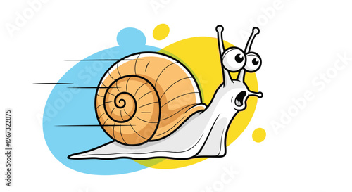 Funny cartoon snail moving at high speed with its shell trailing wind lines and a very surprised expression on its face.