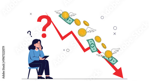 Concerned woman sitting and looking at a falling financial graph with banknotes and coins flying away as losses.