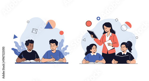Education and learning scenes showing diverse students in class and a teacher helping students with their lessons.