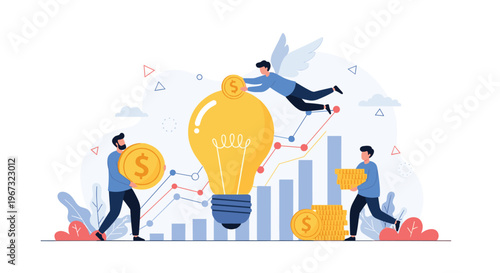 People investing their money into a giant glowing lightbulb representing a startup or a creative business idea.