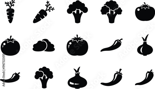 Stylized silhouette icons representing fresh and nutritious garden vegetables, perfect for designing engaging food-themed graphics and health-conscious content