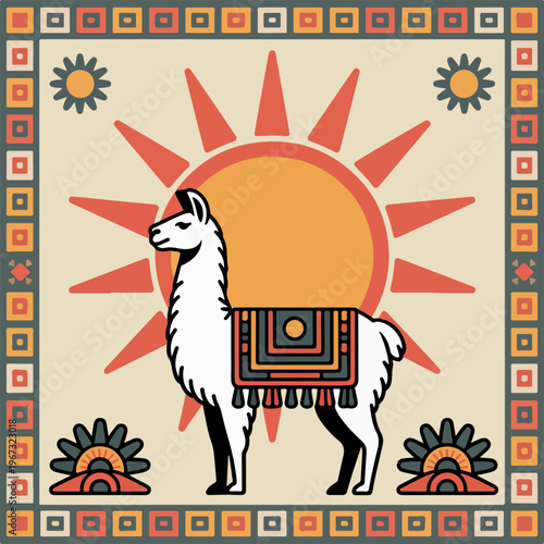 Llama sun pattern vector art with geometric border