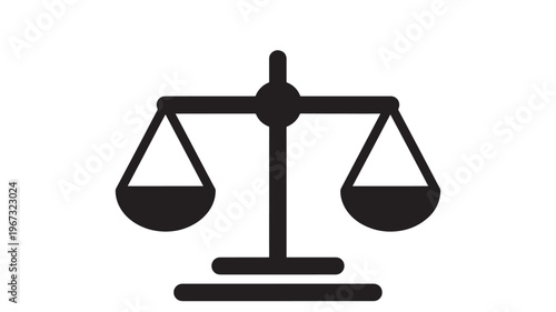 Scales of justice icon with black balance beams and triangular pans shown on a white background representing fairness.