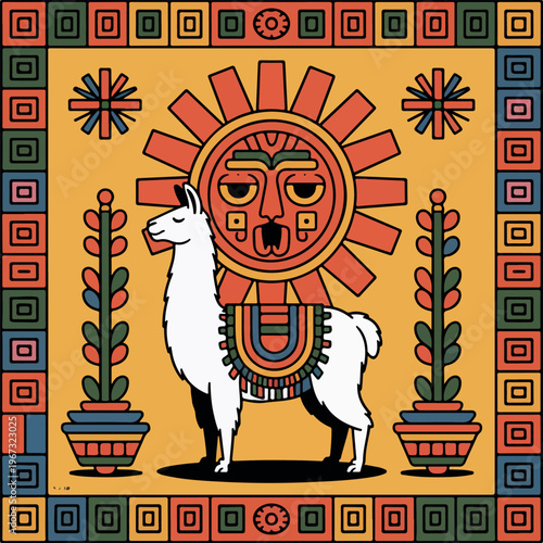 Llama wearing colorful blanket in front of sun face and plants