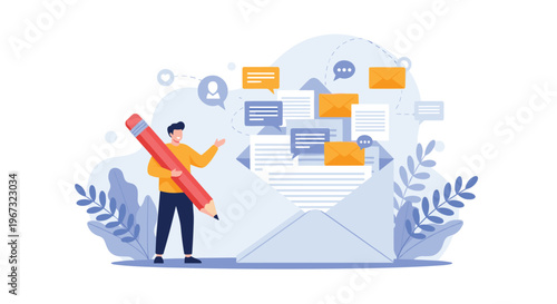 Creative writing and communication concept with a man holding a large pencil near a giant envelope with messages.