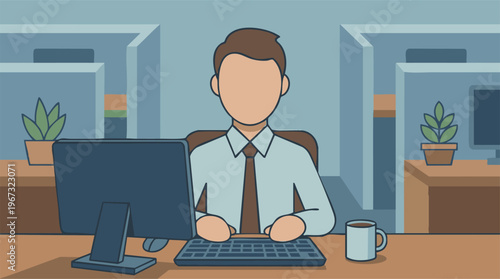 Professional working at an office desk with computer, faceless illustration