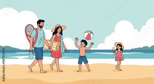 Happy family of four walking on a sandy beach for a summer vacation carrying beach gear, a volleyball, and a beach bucket.