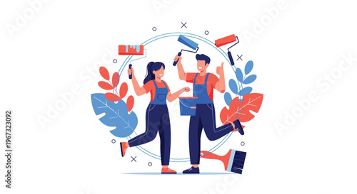 Young couple in blue overalls painting a wall together with rollers and brushes inside a decorative circular floral frame.