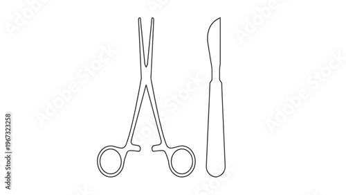 Forceps and scalpel outline icons, medical surgical instruments with clean lines for healthcare and surgery graphics, isolated on white background.