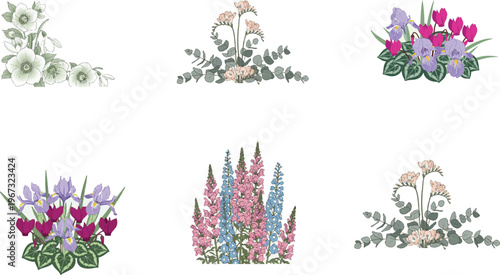 six distinct floral embroidery designs featuring various plant and flower motifs