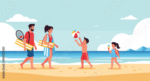 Happy family of four spends a sunny day at the beach with parents walking and children playing with a ball and ice cream treat.
