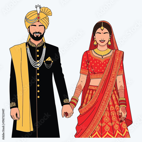 Indian wedding couple holding hands, bride and groom in traditional attire, festive celebration