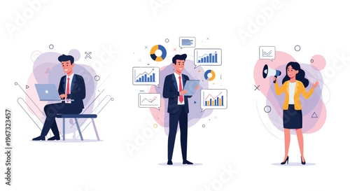 Set of business character illustrations featuring professionals working on laptops, analyzing market data, and making announcements.