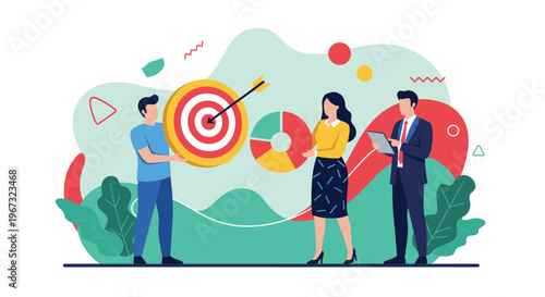 Business team achieves success by hitting the bullseye on a large target board symbolizing goal attainment and strategic precision.
