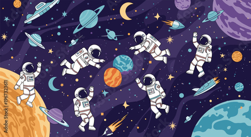 Group of adventurous astronauts floats freely through a colorful cosmic space filled with stars, planets, rockets, and comets.