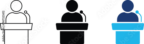 Public speaker icon showing professional presentation at podium for corporate events. Professional illustration for keynote speeches, academic lectures, business seminars, and conference leadership.
