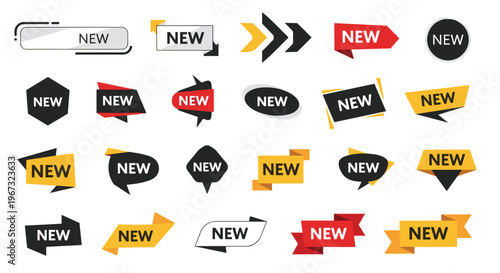 Large collection of colorful new product labels, stickers, and banner ribbons in various shapes for marketing and promotions.