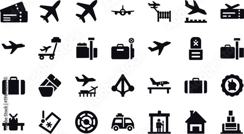 Collection of airport and travel icons including airplanes, luggage, and security checkpoints for travel services
