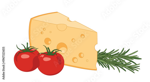 Fresh wedge of swiss cheese with large holes is displayed alongside ripe red tomatoes and aromatic rosemary sprigs on a plain surface.