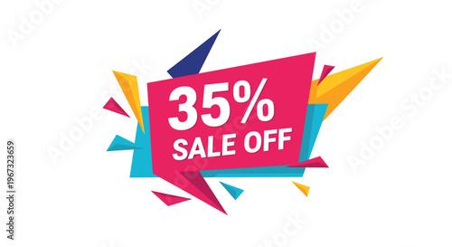 Vibrant promotional banner for a thirty five percent sale featuring a pink geometric ribbon and colorful abstract shards of paper.