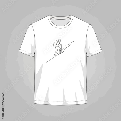 White tshirt with a minimalist line drawing of a hiker climbing a mountain.