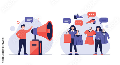 Marketing promotion scene features a man with a large megaphone making announcements to female shoppers with retail bags.