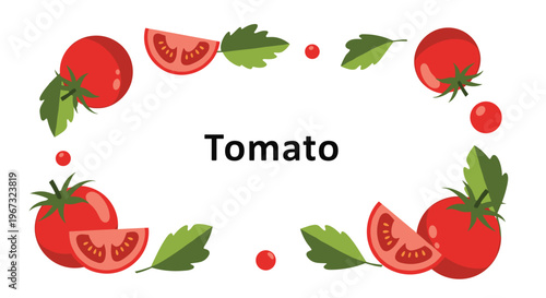 Tomato themed decorative frame features fresh red tomatoes and green leaves surrounding a central title for culinary designs.