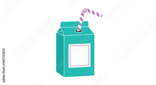 Simple illustration of a teal carton of juice or milk with a purple and white striped straw inserted into the top opening.